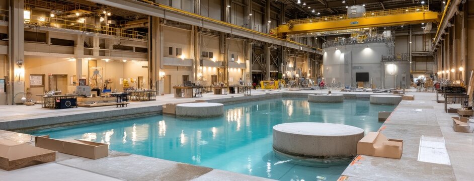 Bright blue glow from a nuclear reactor core illuminates a sleek laboratory filled with circular tanks and glowing vials