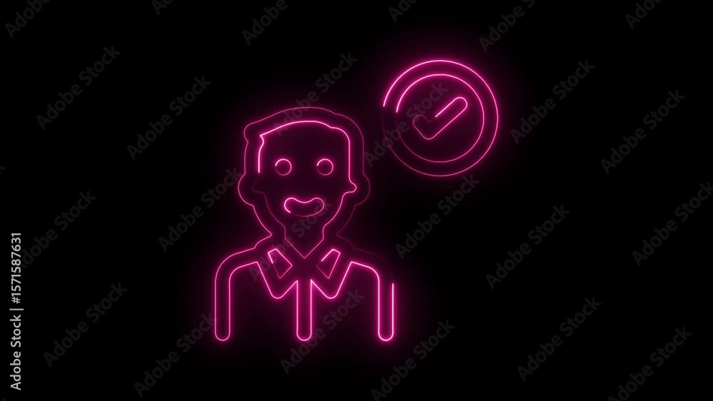 Poster neon outline of user account approved with checkmark in a circle on black background
