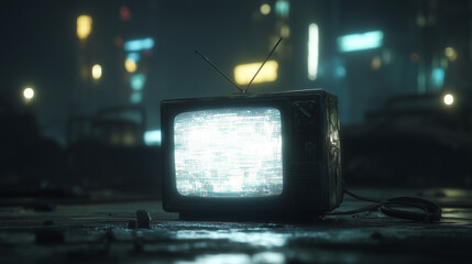 Retro television with static on screen in a moody urban night scene, glowing with neon lights and abandoned atmosphere.