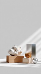 Two contrasting objects showcase a polished silver surface and a wooden block with grain, accompanied by rough white rocks