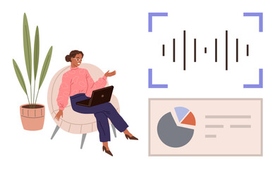 Woman seated with a laptop, audio visualization, pie chart, plant. Ideal for tech analysis, remote work, productivity, data insights, media editing communication simple flat metaphor