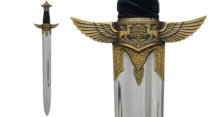 Ornate historical sword with detailed gold engravings.