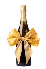 Elegant champagne bottle presents a luxurious golden bow against transparent background