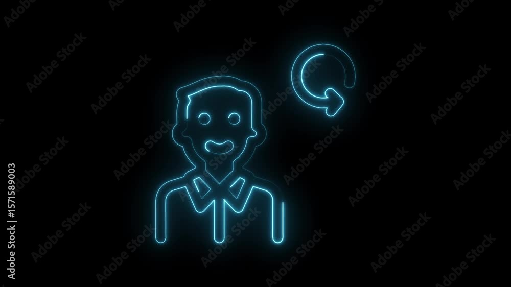 Poster blue neon style user profile icon with refresh symbol on a dark background