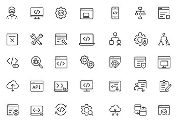 Software developer icon set, editable line art, coding, programming, developer tools, user interface, software engineering, technology, vector illustration, UI design, workflow, app development.