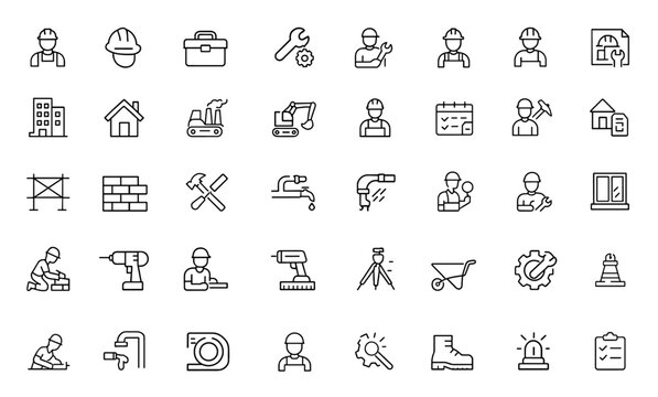 Labor editable icon set, construction, renovation, worker, industry, safety, hardhat, toolbox, manual work, building, craftsman, labor day, vector illustration.