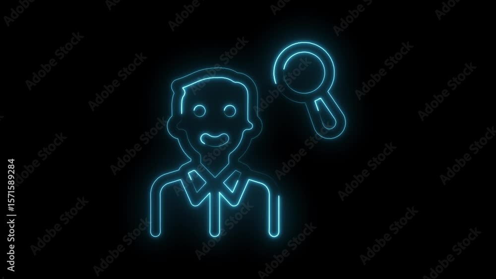 Poster neon style person with magnifying glass concept for searching data and information on black backgrou