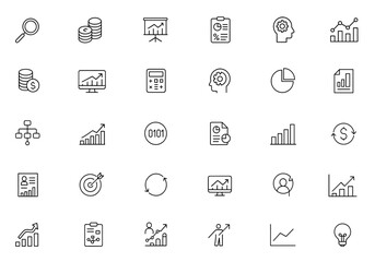 Analysis line editable icons set, infographic analytics charts balance report dashboard symbols, data visualization icon collection interface toolkit UX design assets vector illustration.