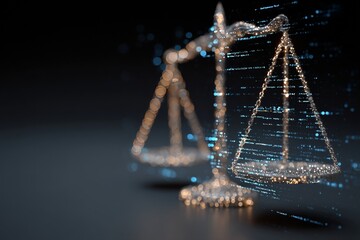 Scales of Justice with Digital Code Overlay, Emphasizing Law, Technology, and Legal Tech Innovation