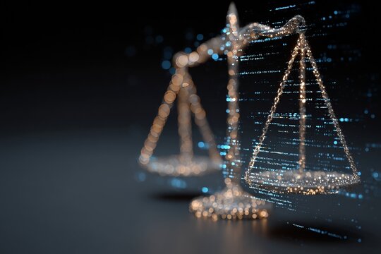 Scales of Justice with Digital Code Overlay, Emphasizing Law, Technology, and Legal Tech Innovation