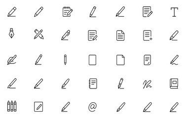 Writing line editable icon set with pen, note, pencil, edit, text, document, writer, journal, handwriting, content creation, outline symbol, stroke style, vector illustration.