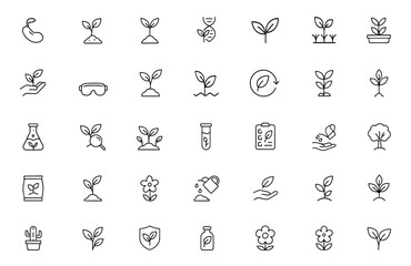 Botany line editable icon set, thin stroke plant symbols, herbal leaf illustration, outline flora graphics, botanical science icons, garden vector illustration, nature, environment, organic, biology.
