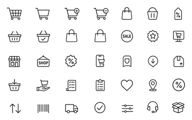 Shopping cart line editable icon set, shopping basket, shopping bag, trolley, ecommerce, checkout, retail, store, purchase, commerce, thin outline icon pack, vector illustration.