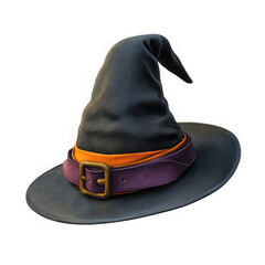 Detailed illustration of a classic witch hat with purple and orange accents isolated on transparent background