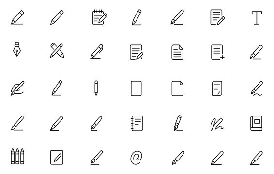 Writing line editable icon set with pen, note, pencil, edit, text, document, writer, journal, handwriting, content creation, outline symbol, stroke style, vector illustration.