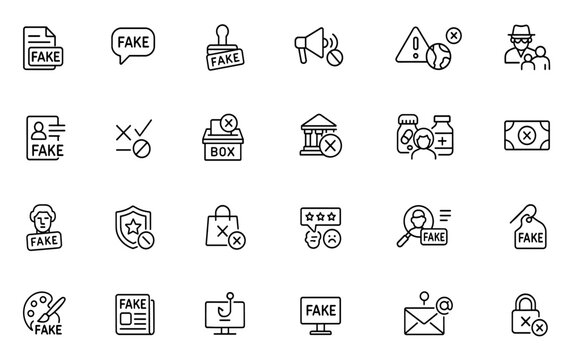 Fake line editable icon set, disinformation, hoax, lie, scam, fraud, misinformation, rumor, manipulation, false claim, propaganda, deception, vector illustration, internet icon, alert icons, fake news