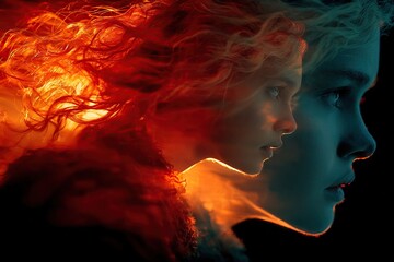 A surreal double exposure of a young woman in profile, half her face ethereal and ghostlike in red smoke, with dramatic lighting, dark background.