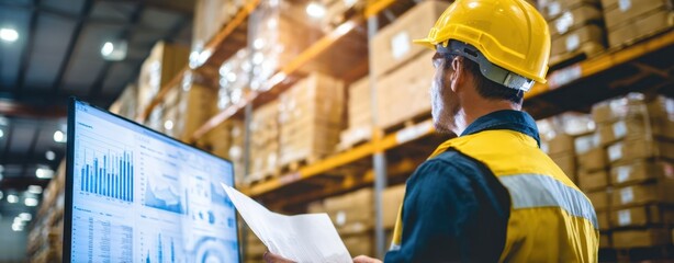 The construction worker reviewing data in a modern warehouse setting.