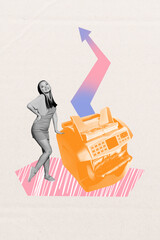 Pop trendy 3d zine vertical art collage of happy businesswoman stand count machine automatic device...