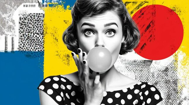 A pop art portrait of a woman blowing a bubblegum bubble, comic book halftone dots and bold color blocks