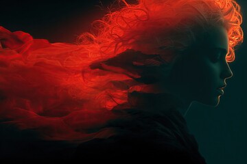 A surreal double exposure of a young woman in profile, half her face ethereal and ghostlike in red smoke, with dramatic lighting, dark background.