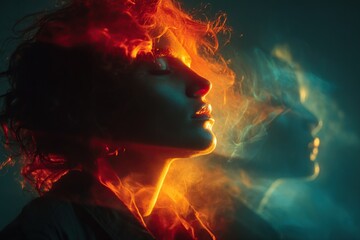 A surreal double exposure of a young woman in profile, half her face ethereal and ghostlike in red smoke, with dramatic lighting, dark background.