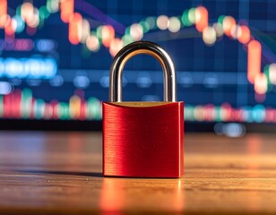 Red padlock on wooden table, stock market background