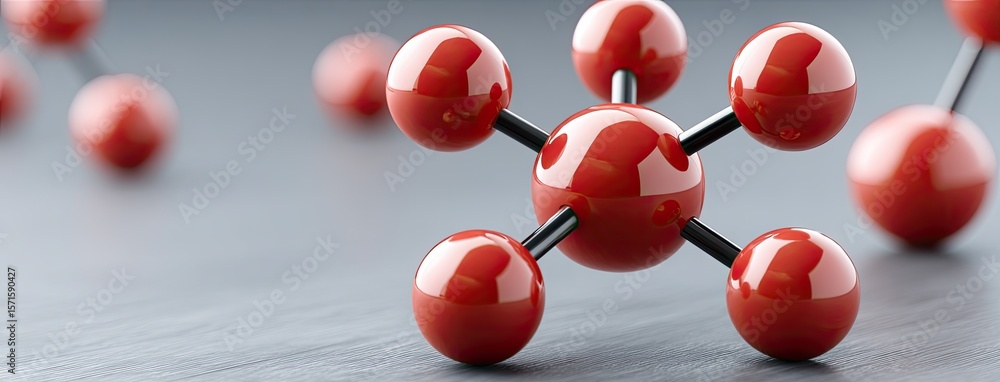 Poster an abstract tech network features black and one red sphere, centered around a cube formed by metal s