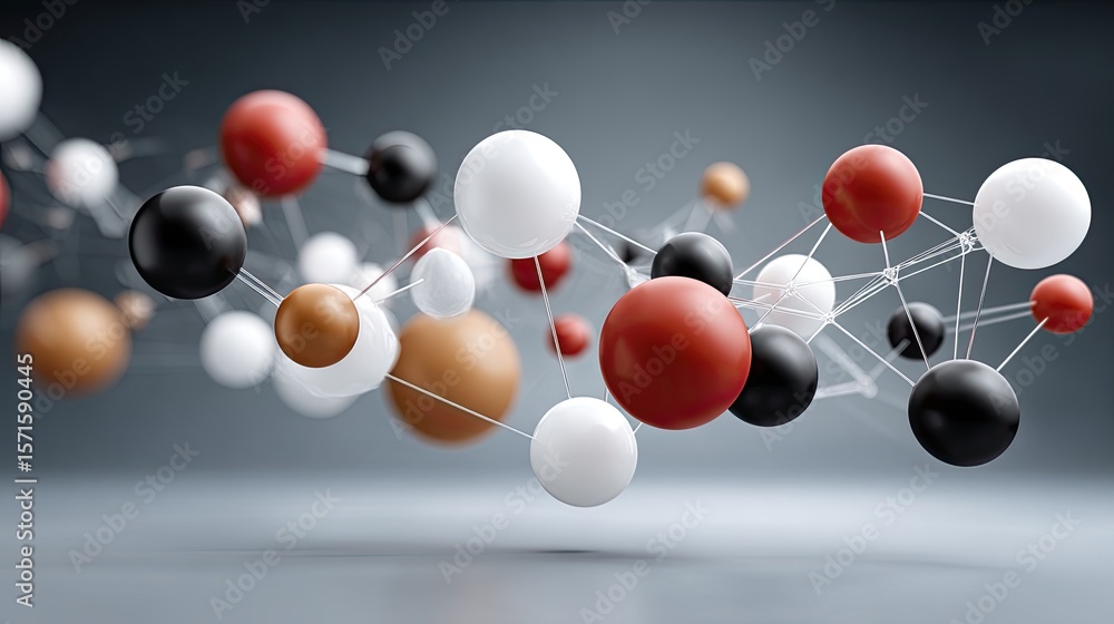 Poster an abstract tech network features black and one red sphere, centered around a cube formed by metal s