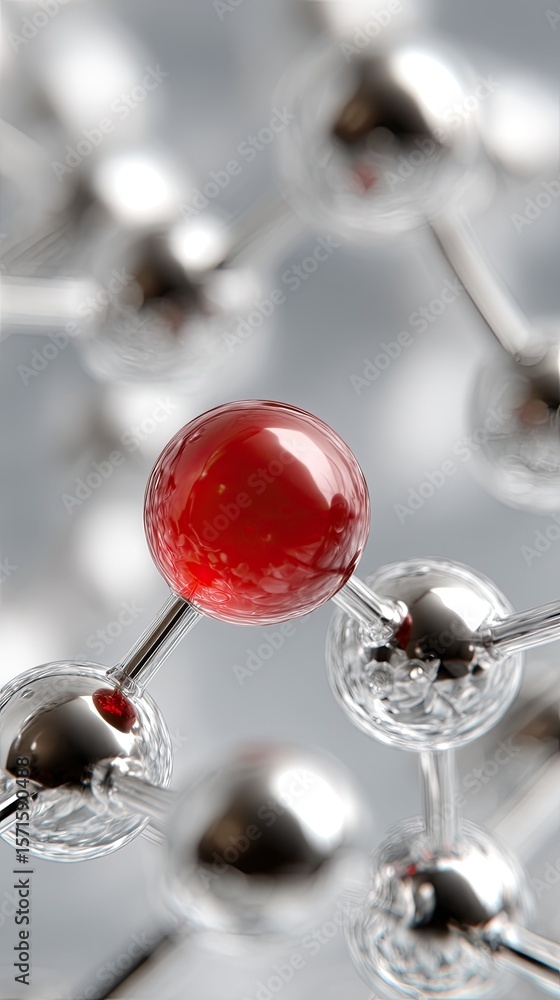 Poster an abstract tech network features black and one red sphere, centered around a cube formed by metal s