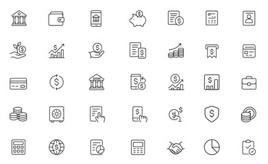 Bank line editable icon set, wallet, online banking, ATM, savings, mortgage, investment, finance, economy, account, credit card, fintech, transaction. Vector illustration.
