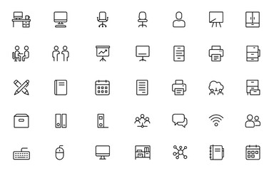 Office line editable icon set, coworking workspace symbols, business communication, modern workplace elements, thin outline stroke icons, corporate tools, vector illustration.