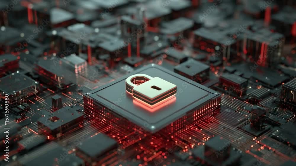 Poster cybersecurity lock: a glowing padlock icon rests on a circuit board, symbolizing digital security an