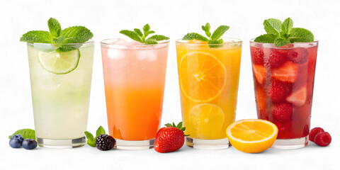 Four refreshing fruit drinks with mint and berries isolated on transparent background