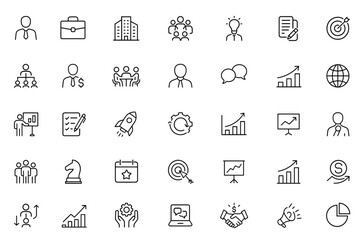 Corporate icon set, editable stroke, linear style, business symbols, finance icons, teamwork, planning, communication, outline icons pack, vector illustration, office, company, management.