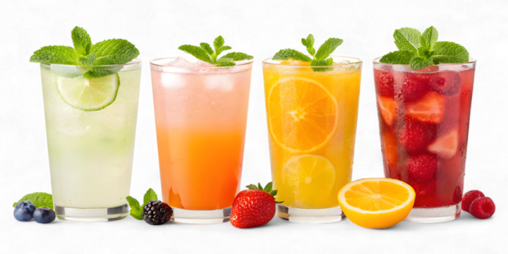 Four refreshing fruit drinks with mint and berries isolated on transparent background