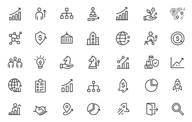 Business Expansion Line Editable Icon Set, global growth, strategy, scalable network system, international trade, corporate structure, economic development, market reach, vector illustration.