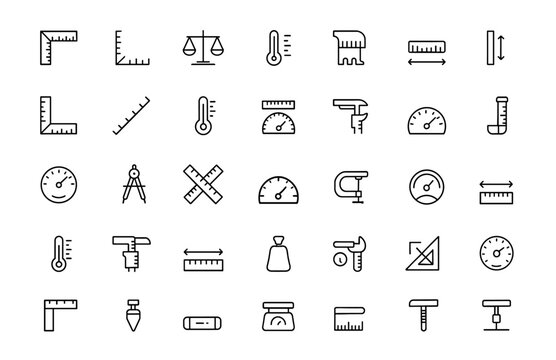 Measure line icon set, scale symbols, ruler outlines, gauge indicators, size dimension vector icons, temperature gauges, calibration tools, precision instrument icons, vector illustration.