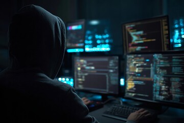 Anonymous hooded person coding at multiple computer screens, cyber security and threat concept, software developing