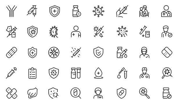 Immunization icon set, line art editable stroke, vaccination healthcare design, medical prevention symbol series, flat outline medical vector illustration, public health communication icon pack.