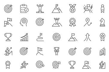 Naklejka na ściany i meble Goal tracking milestone icon set, editable stroke, mission achievement target success medal reward celebration trophy UI pack, business planning icons vector illustration.