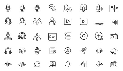 Podcast broadcasting microphone icon set, sound studio conversation symbol, podcaster and audiobook media interface, audio production and streaming controls, vector illustration.