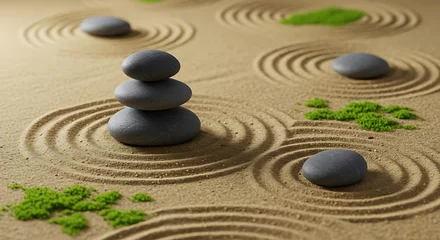 Fototapeten Tranquil zen garden with stacked stones and raked sand for meditation and balance © TatoSievers