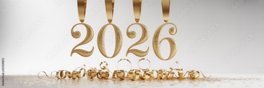 Poster golden 2026 numbers with ribbons and confetti on light background rendering