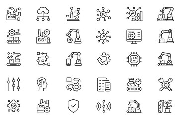 Line editable industry automation icon set, smart factory connectivity, cloud computing, IoT network, big data analytics, industrial workflow, production optimization, vector illustration.