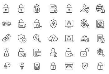 Lock line editable icon set, padlock, unlock, biometric security, data protection, access control, encryption symbol, cybersecurity interface icons, vector illustration.