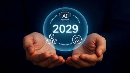 Hands holding glowing sphere with AI chip year and eco symbol image