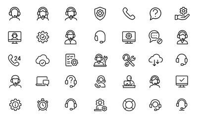 Support Service Helpline, Call Center Assistance, Technical Help, Customer Care Interface, IT Network Operations, Remote Troubleshooting, User Helpdesk Contact, Icons Vector Illustration.