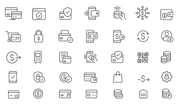 Online payment icon set, line editable design, ecommerce transaction security checkout, contactless payment, mobile wallet, fintech network, financial services icons, vector illustration.