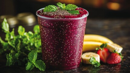Vibrant purple smoothie with fruit toppings